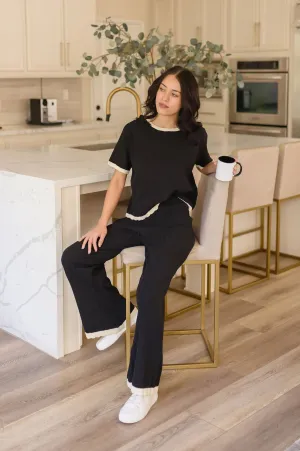 Belle Short Sleeve Ribbed Sweater Top And Pants Set Black