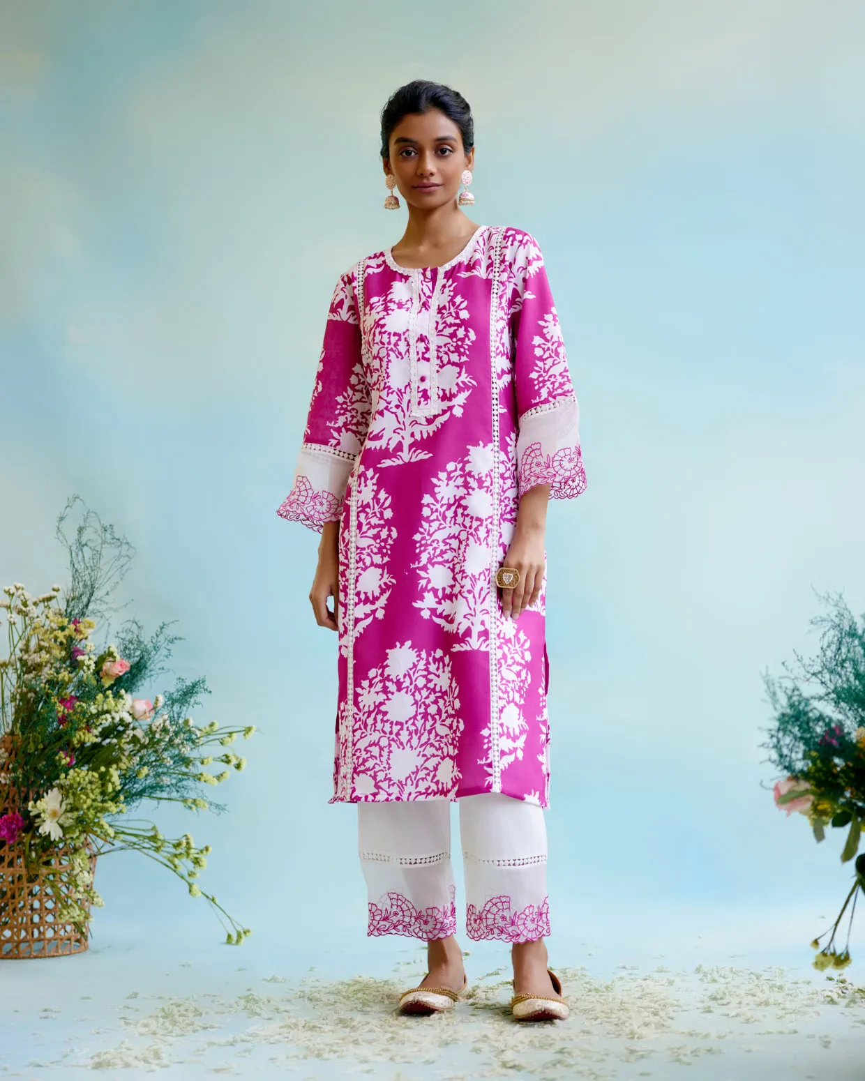 Cranberry Floral Printed Kurta with 
Lace Detailing and Embroidered Sleeves
with Narrow Pants