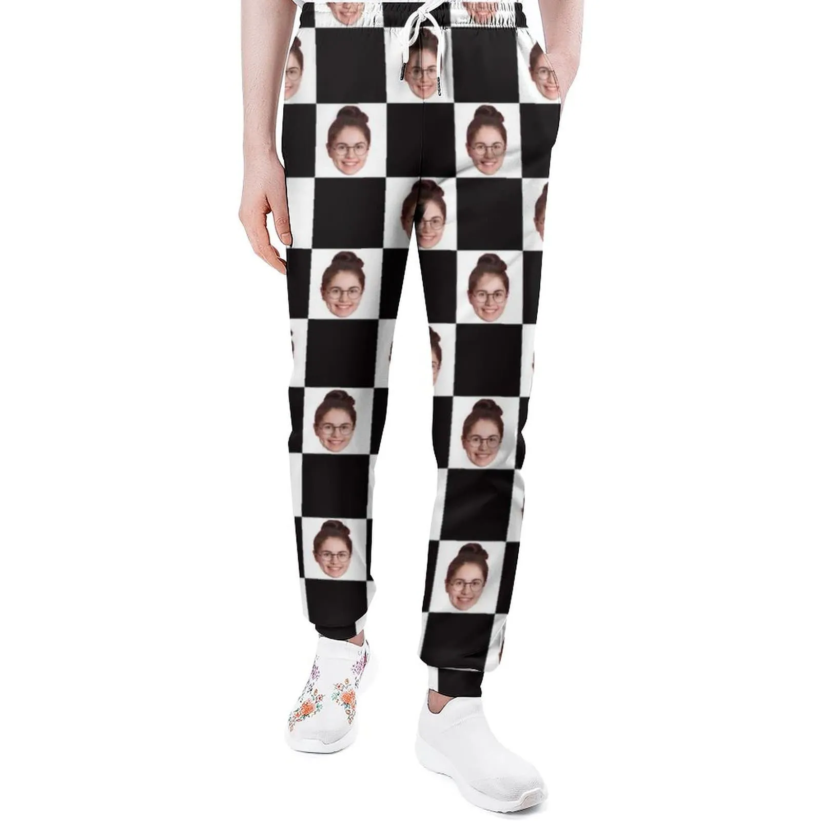 Custom Face Black White Grid Sweatpants Couple Matching Personalized Casual Sweatpants