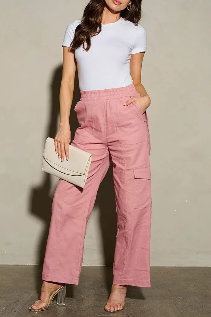 Elastic Waist Cargo Pockets Wide Leg Pants