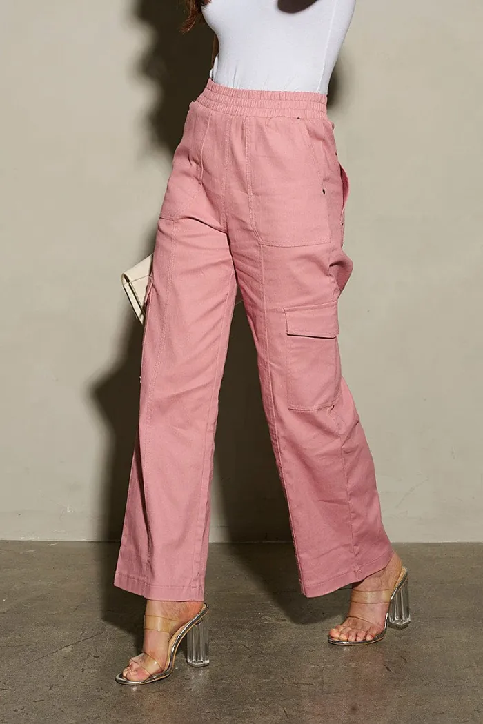 Elastic Waist Cargo Pockets Wide Leg Pants