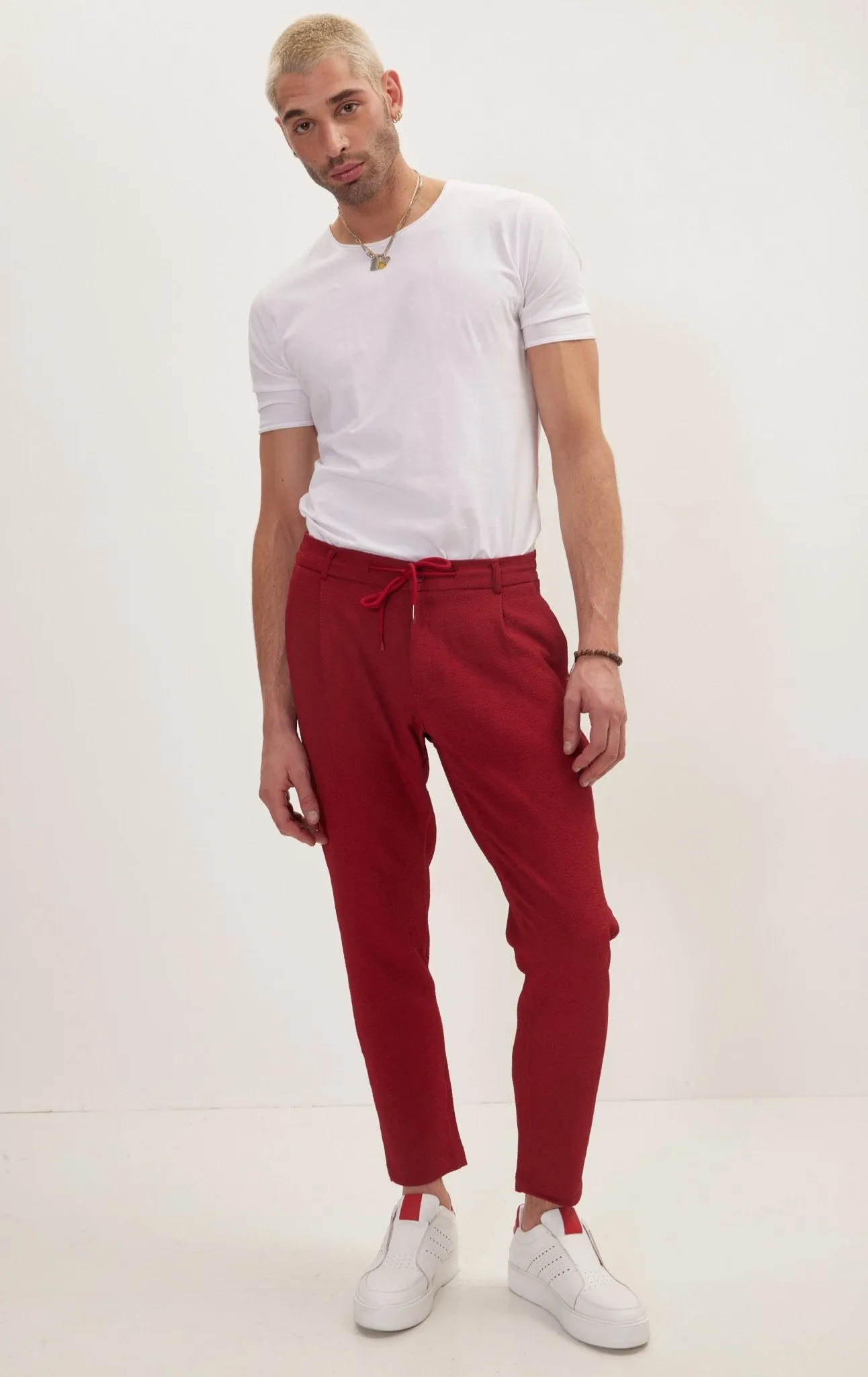 Front Pleated Waffle Pants - Burgundy