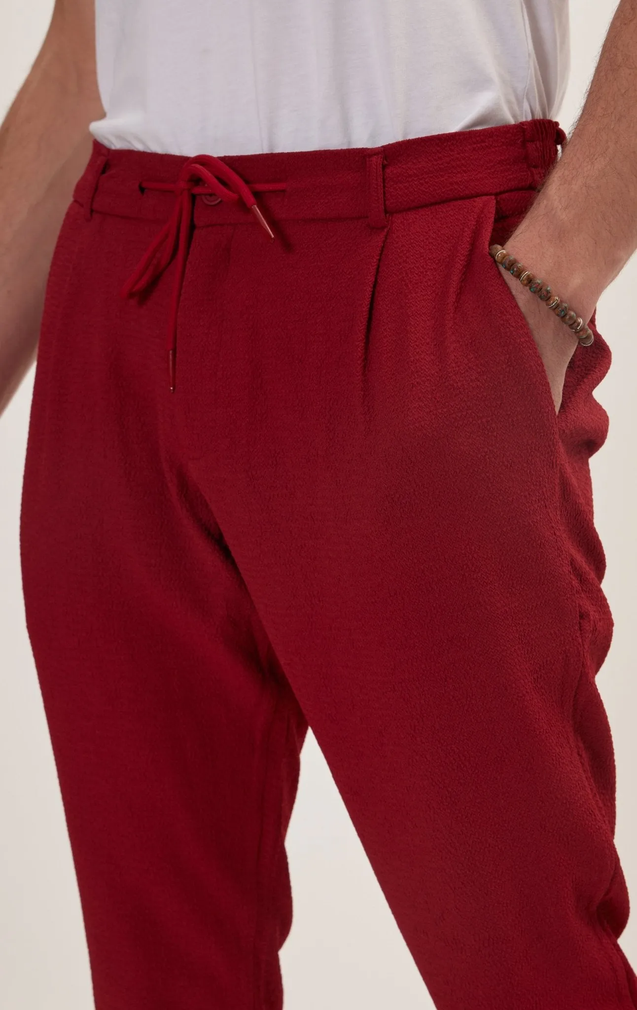 Front Pleated Waffle Pants - Burgundy