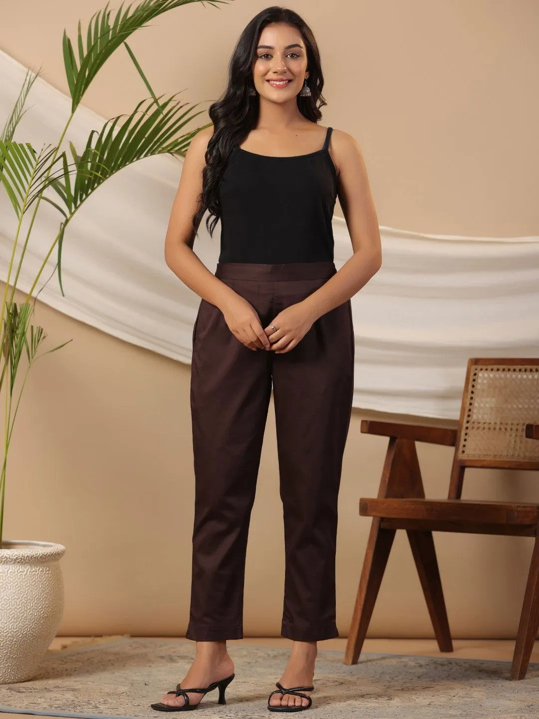 Jashvi Brown Solid Lycra Women Drawstring Pants With Single Side Pocket