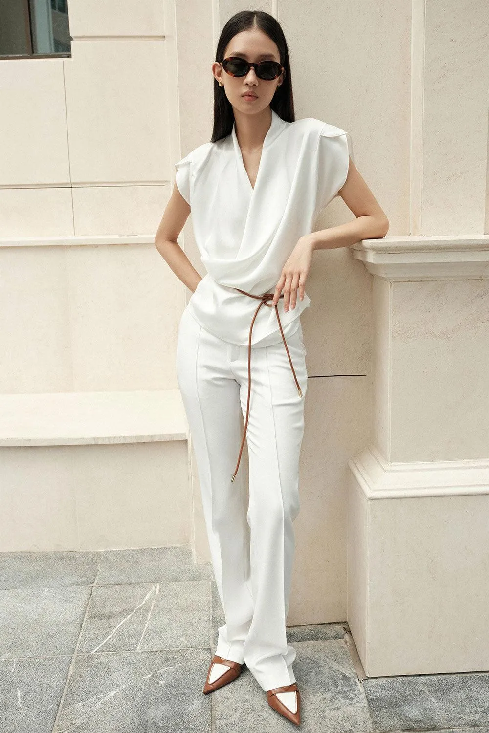 Josette Straight Side Pocket Crepe Floor Length Pants