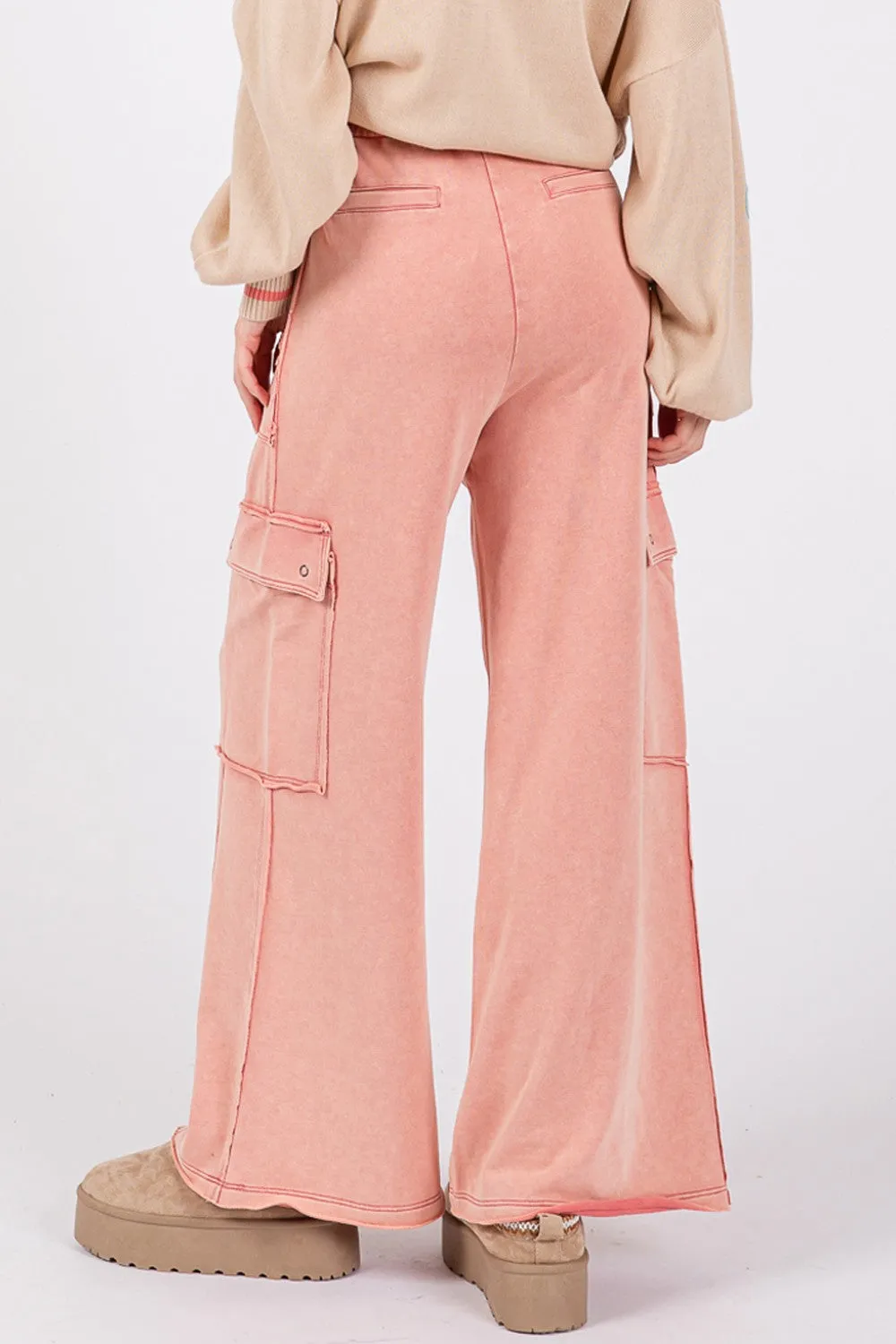 Knit Terry Mineral Wash Wide Leg Pants - Rose