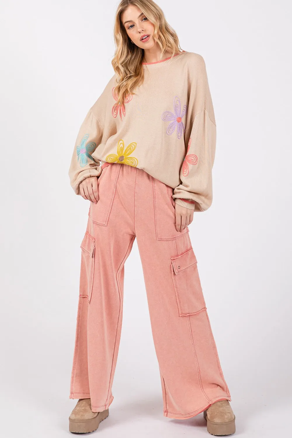 Knit Terry Mineral Wash Wide Leg Pants - Rose