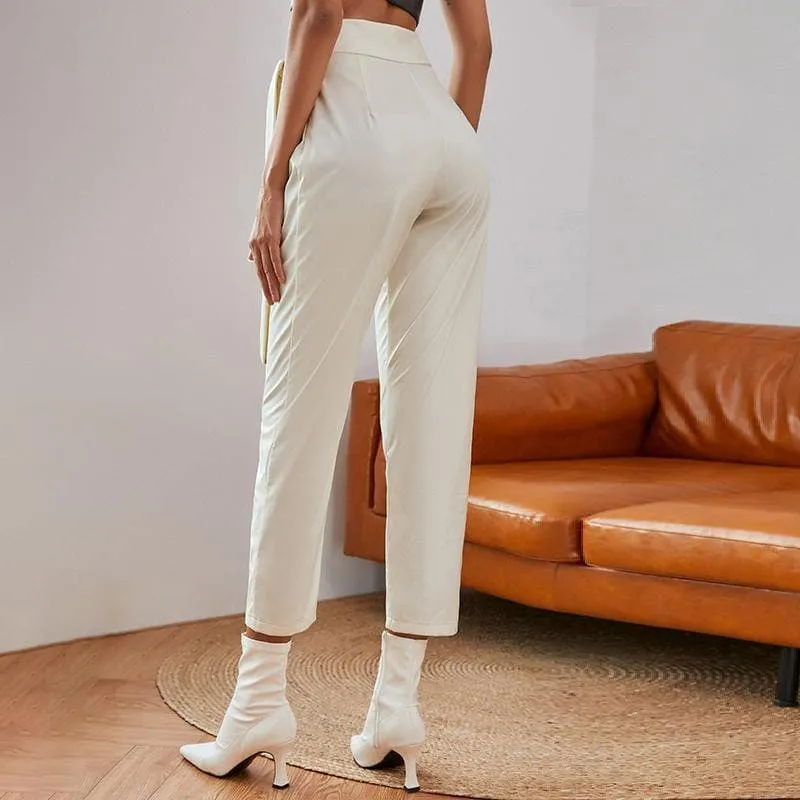 Knotted Belt White Women Pants