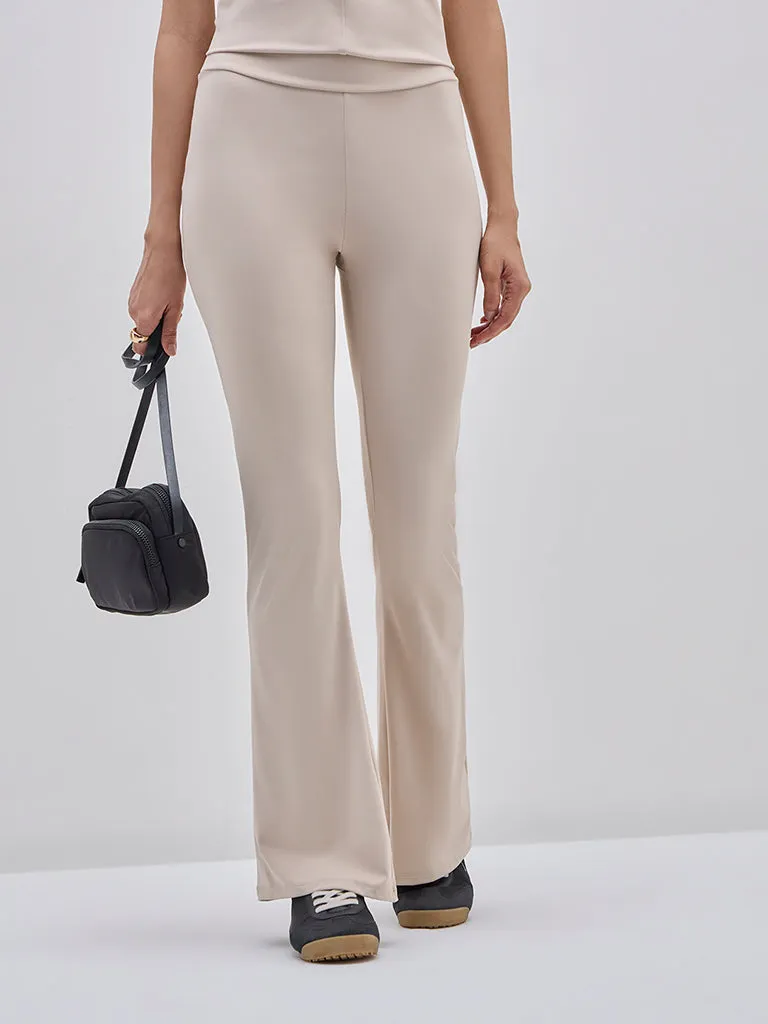 LOV Beige High-Rise Cotton Blend Bootcut Track Pants