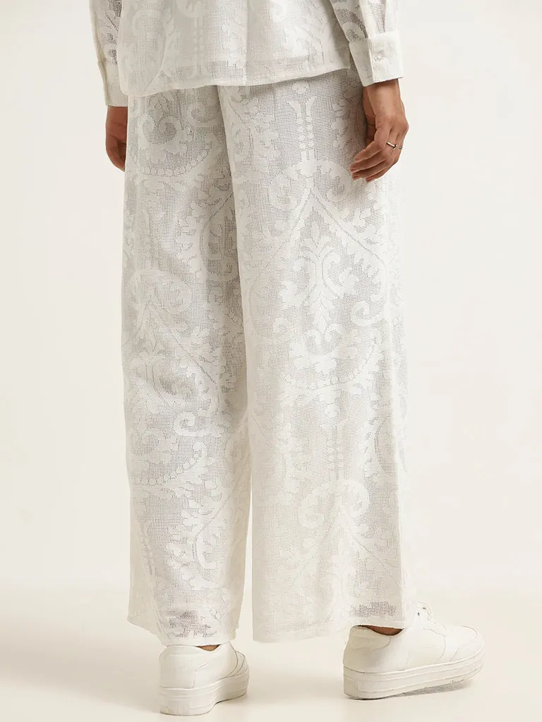 LOV White Jacquard Printed Mid-Rise Cotton Pants