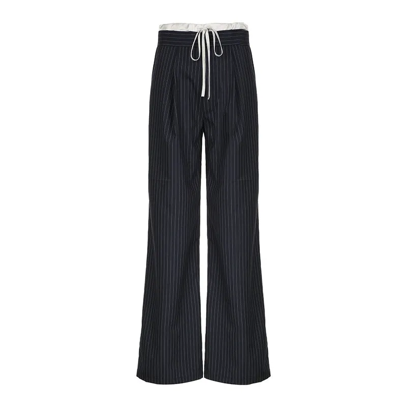 Pinstripe Drawstring Wide-Leg Pants