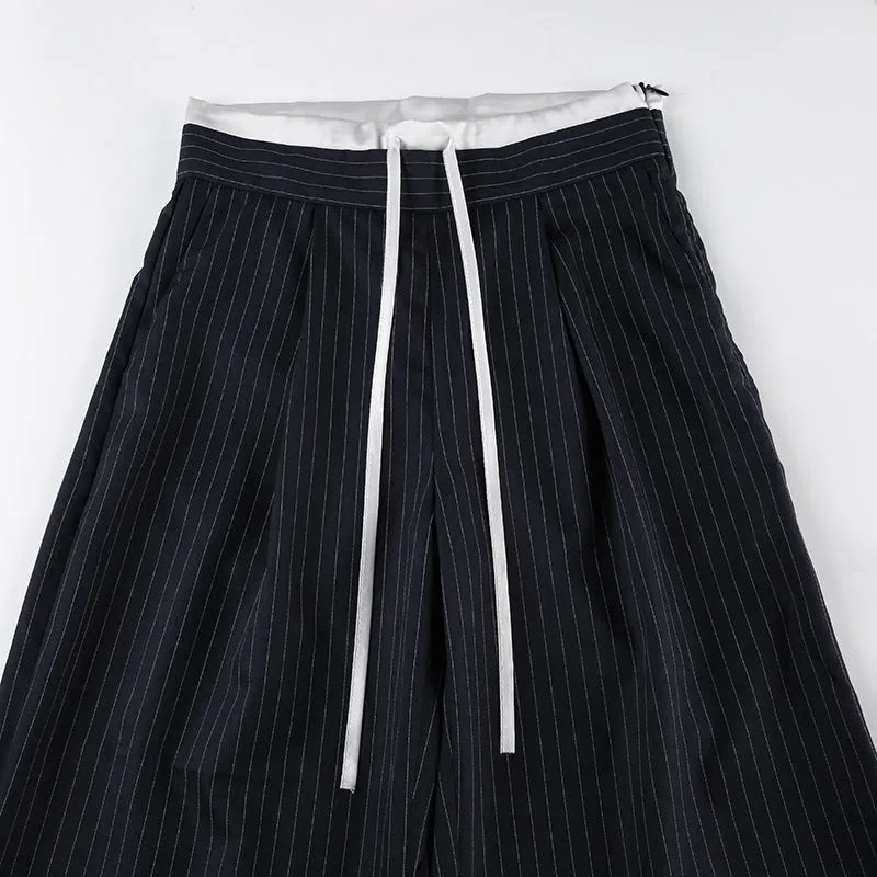 Pinstripe Drawstring Wide-Leg Pants