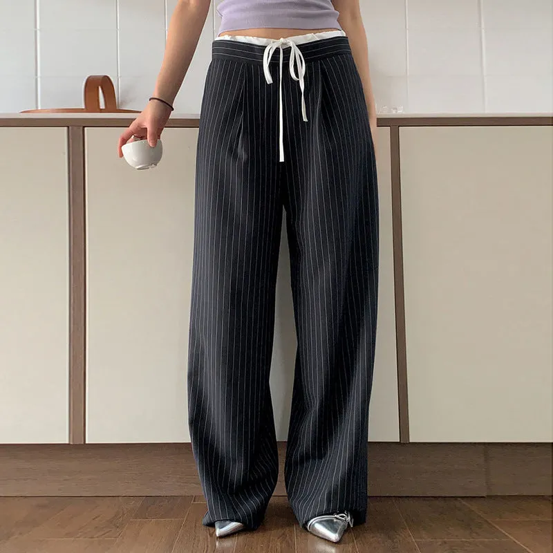 Pinstripe Drawstring Wide-Leg Pants