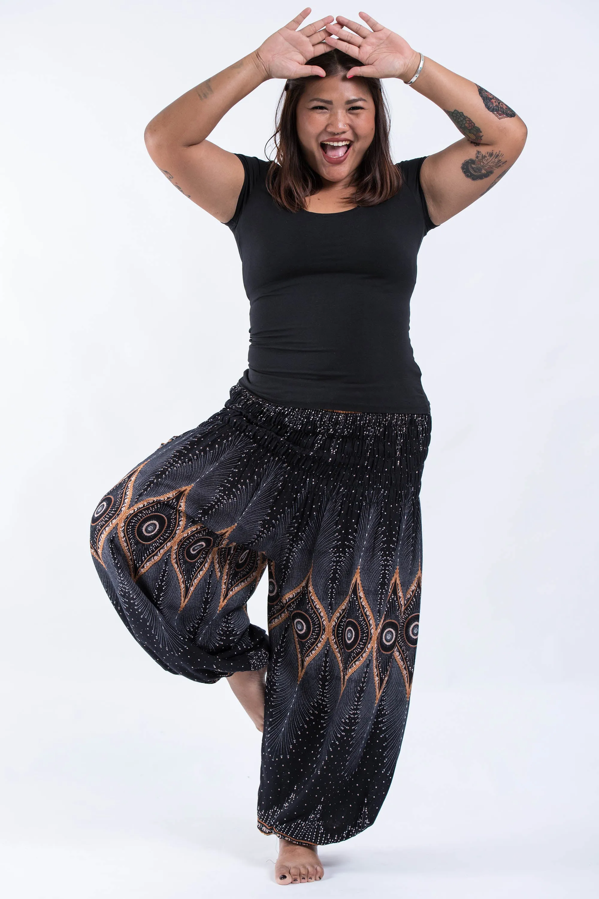 Plus Size Unisex Diamond Peacock Harem Pants in Black