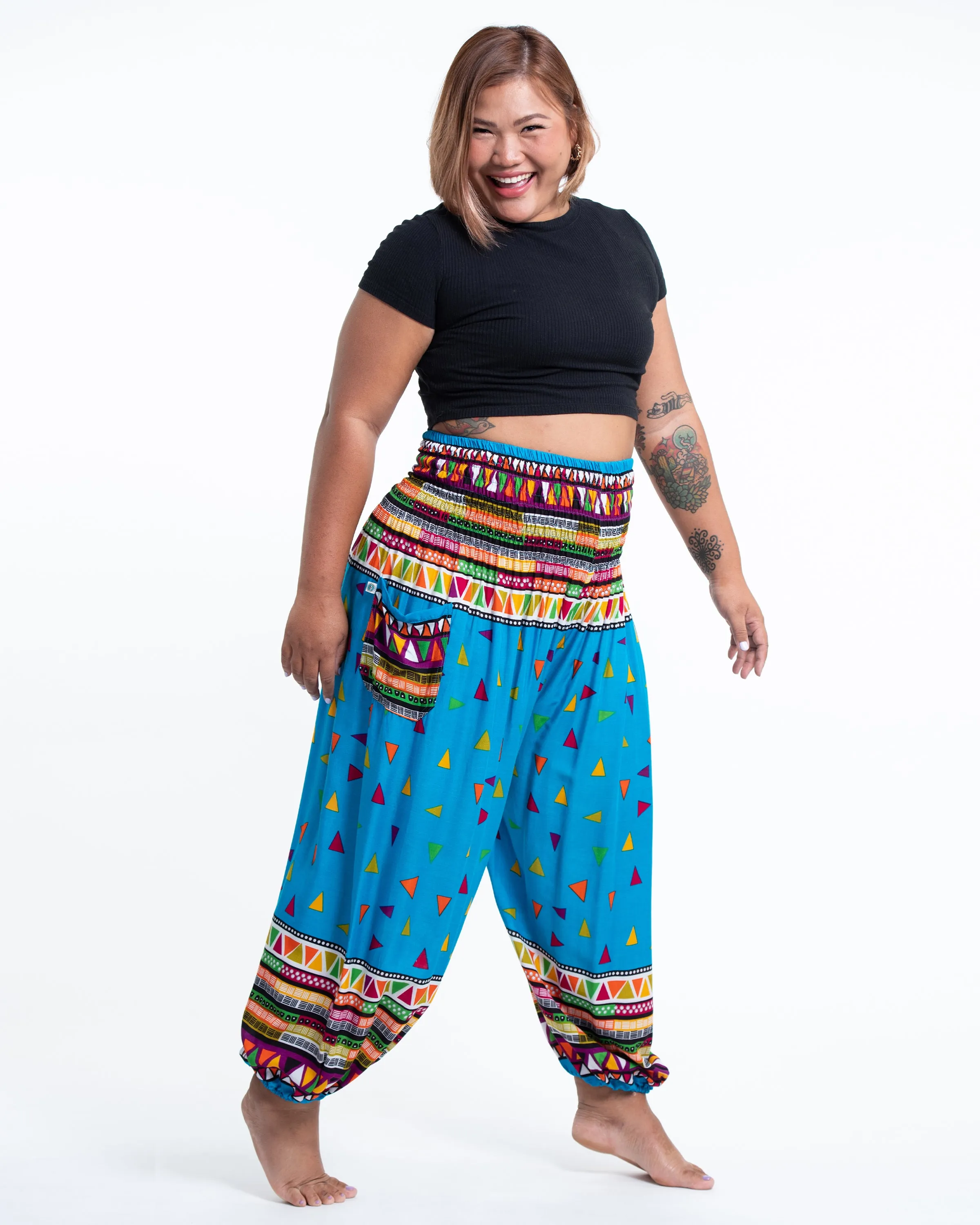 Plus Size Unisex Triangles Harem Pants in Ocean Blue