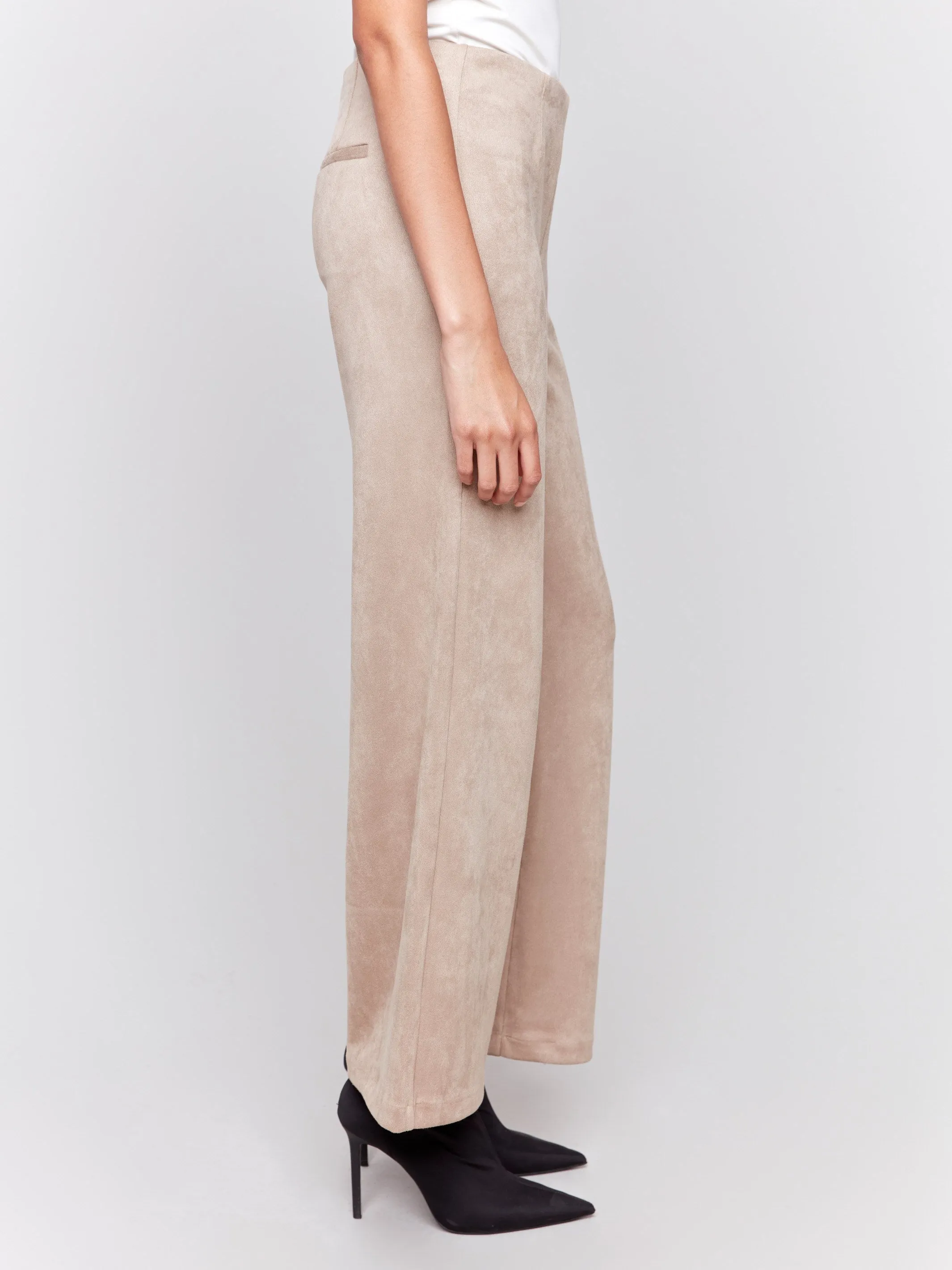 Pull-On Faux Suede Flare Pants - Natural