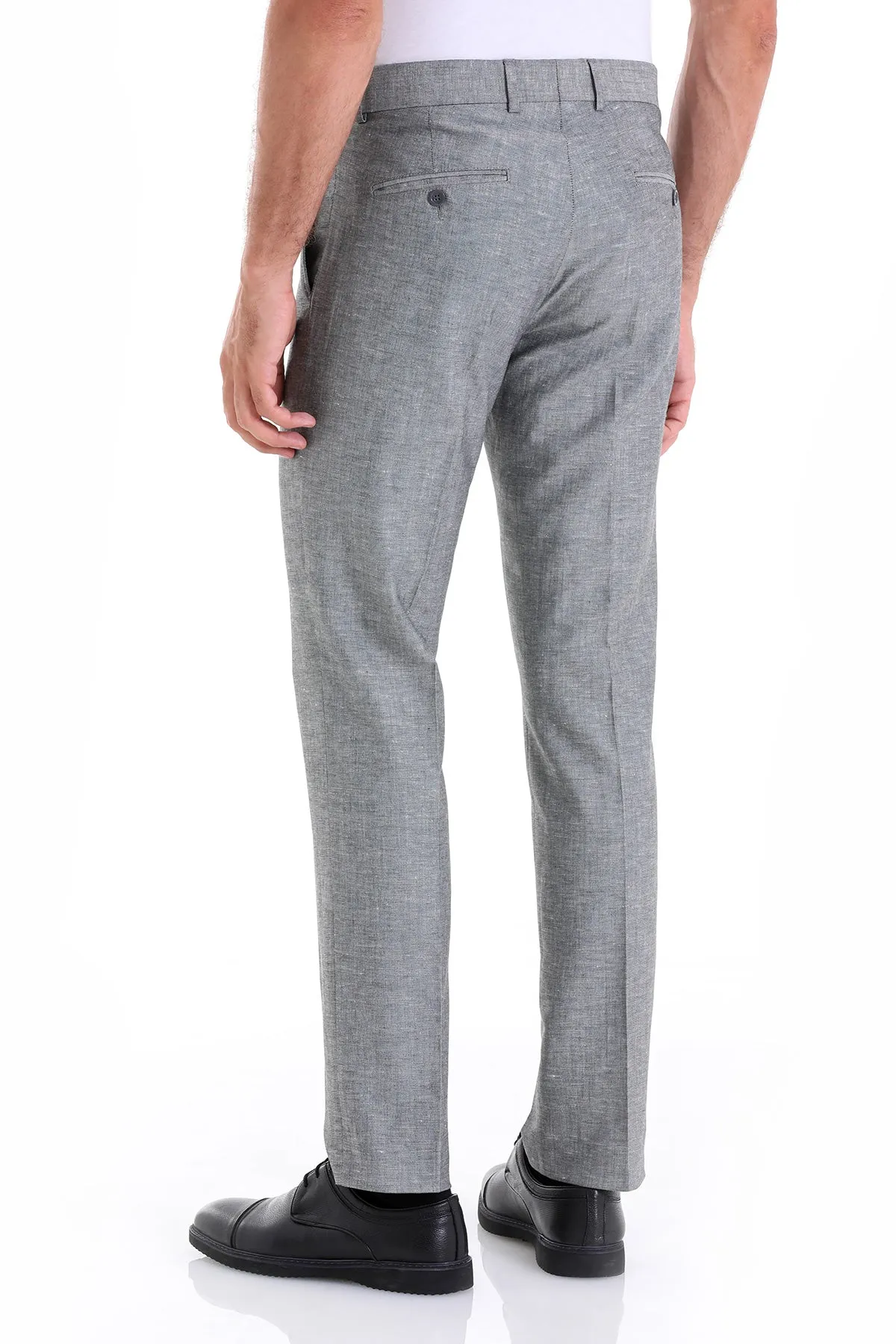 Regular Fit Side Pocket Low Waist Unpleated Linen Blue Dress Pants, Gray