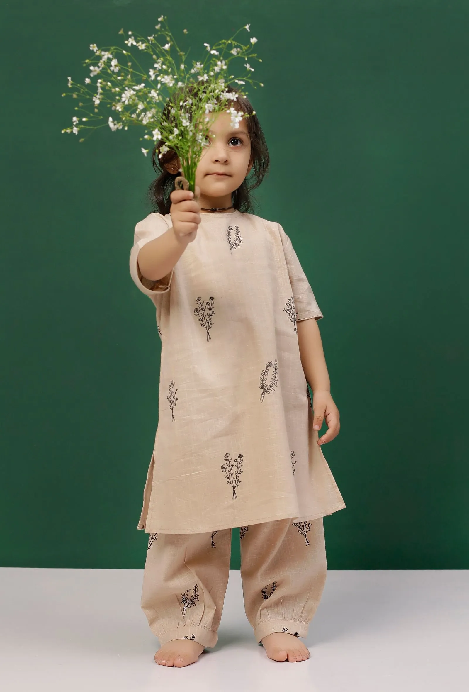 Set of 2: Beige Cotton Slub Block Printed Short Kurta and Printed Pants