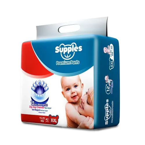 Supples Premium Diapers, XX-Large (XXL), 42 Count, 15-25 Kg, 12 hrs Absorption Baby Diaper Pants