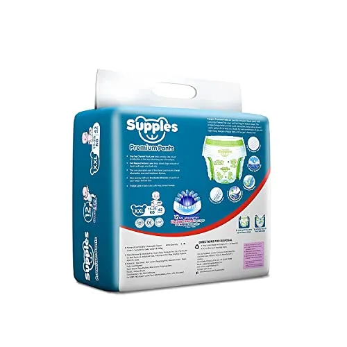 Supples Premium Diapers, XX-Large (XXL), 42 Count, 15-25 Kg, 12 hrs Absorption Baby Diaper Pants