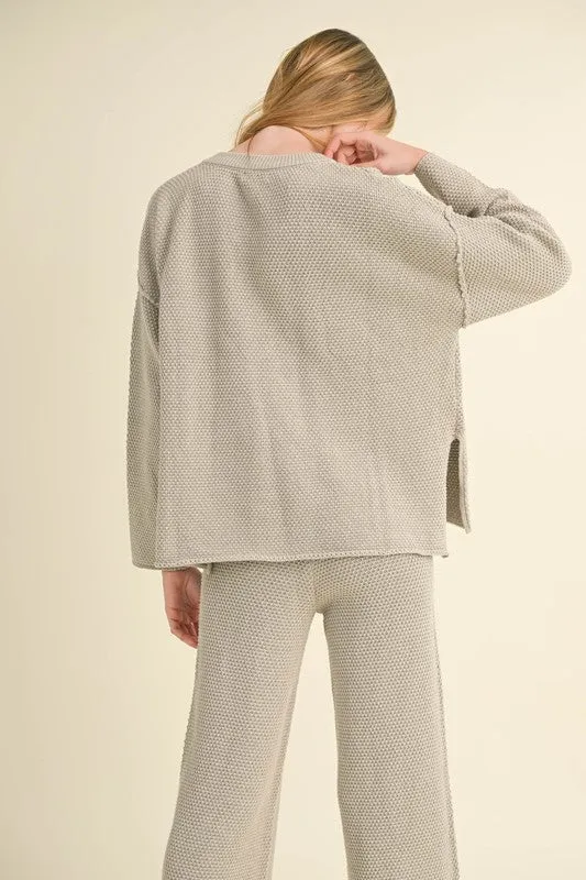 Waitlist 11/16 ♥ Camila Long Sleeve Waffle Knit Sweater Top And Pants Set Grey