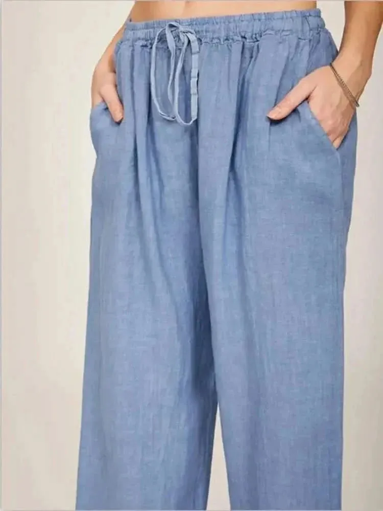 Women Cotton Linen Pants - Summer and Autumn High Waist Wide-Leg Trousers