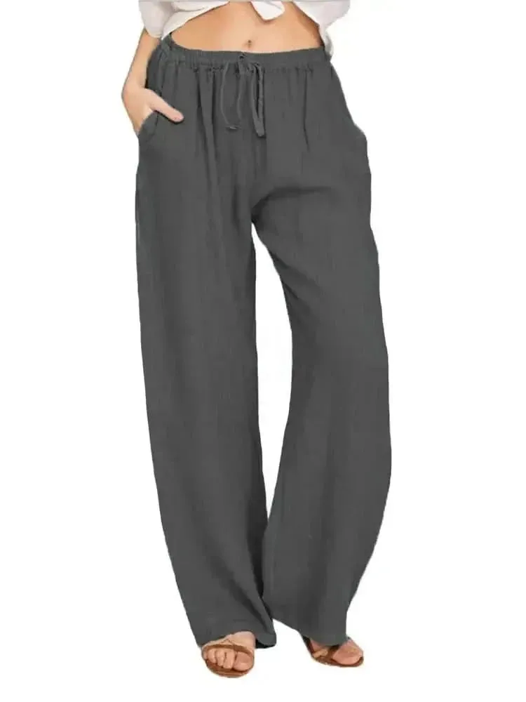 Women Cotton Linen Pants - Summer and Autumn High Waist Wide-Leg Trousers