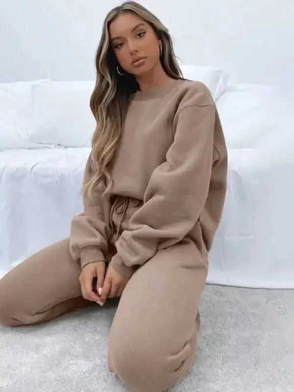 Women’s New Solid Color Round Fashionable Casual Collar Pullover Long Sleeve Trousers Sweater Suit