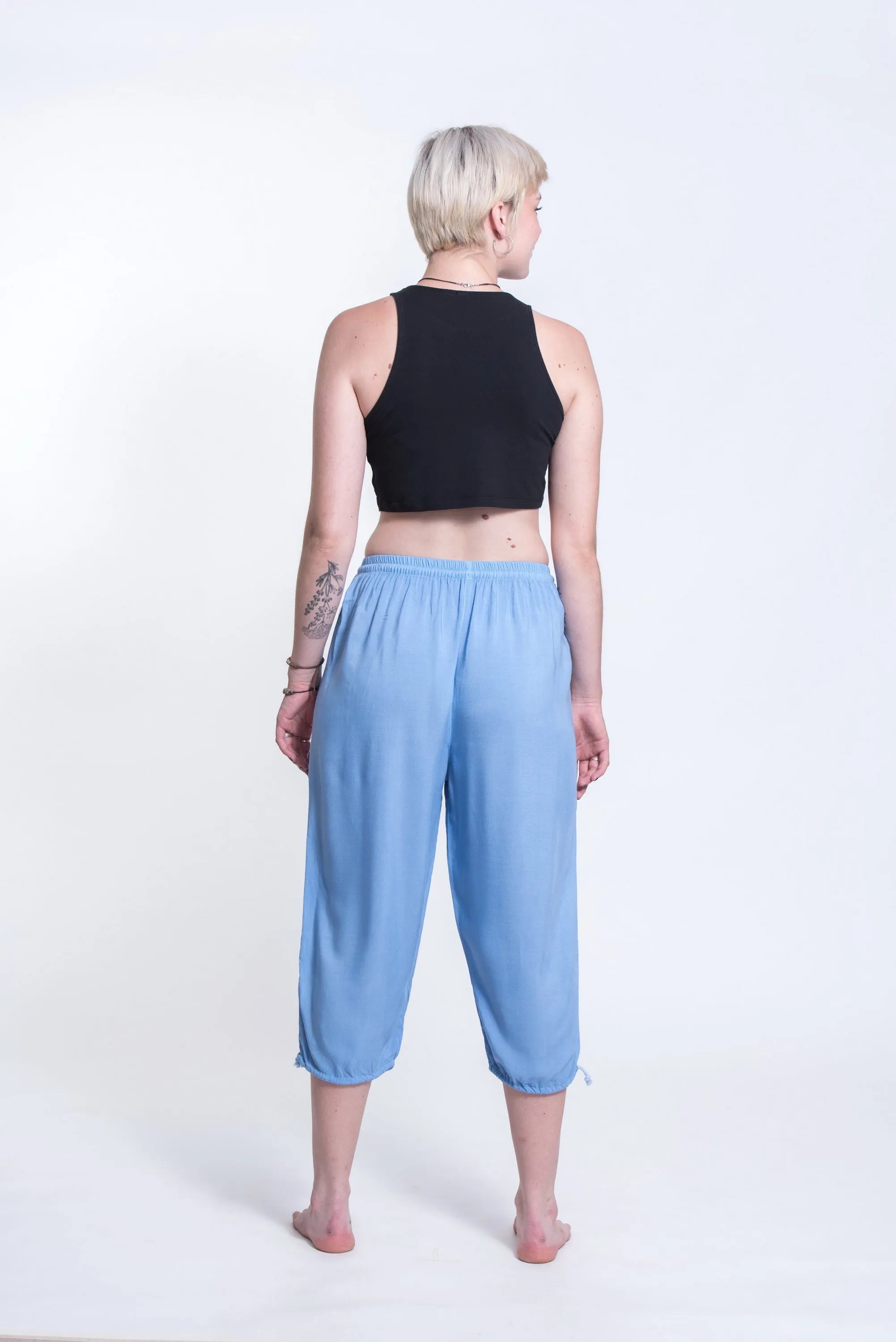 Womens Solid Color Drawstring Cropped Pants in Blue