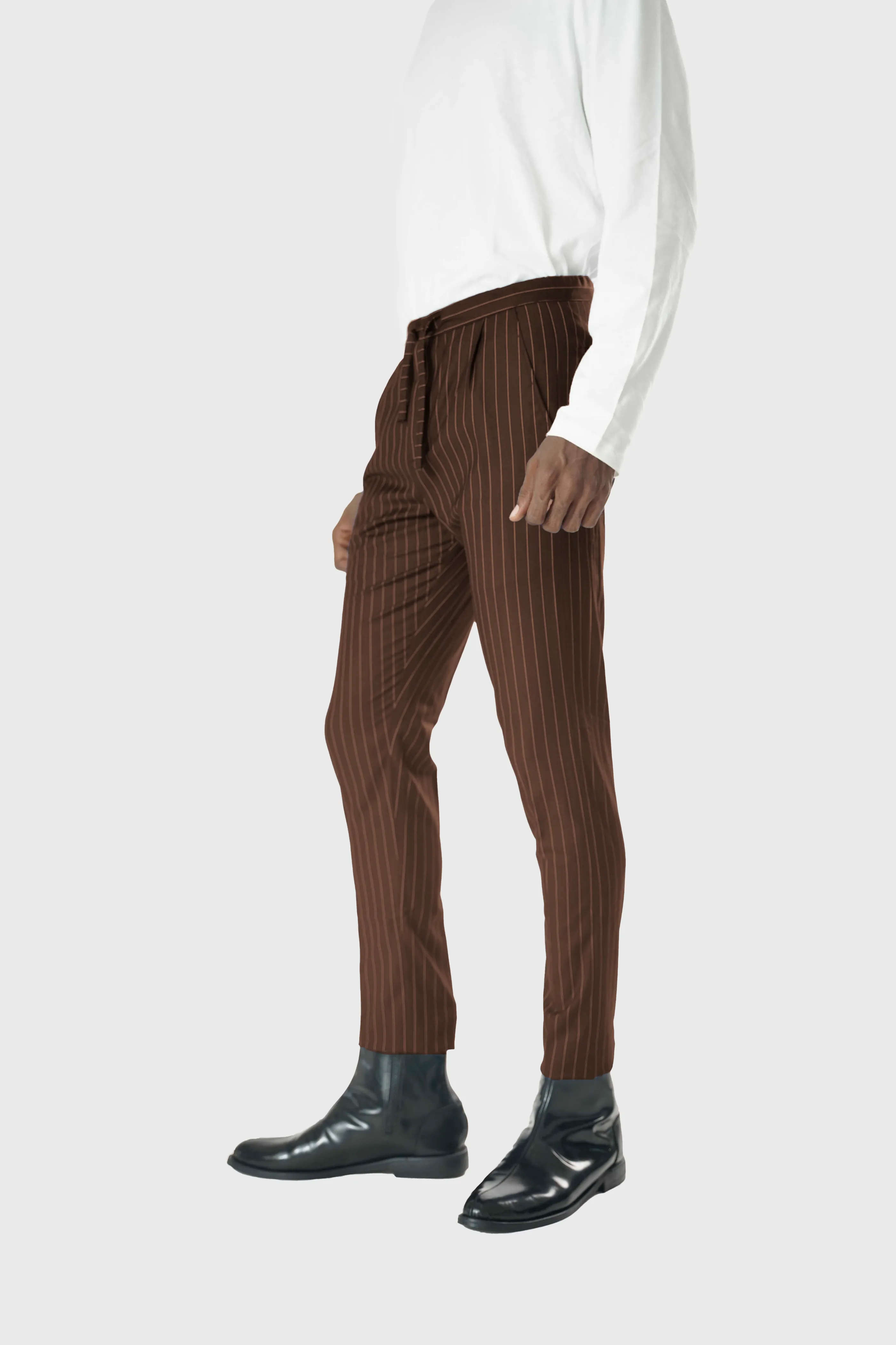 Wool Drawstring Pants in Coffee Brown Pinstripe